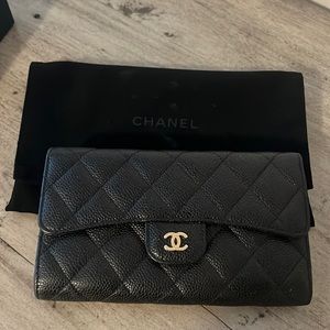 Chanel Long flap wallet black caviar gold tone metal